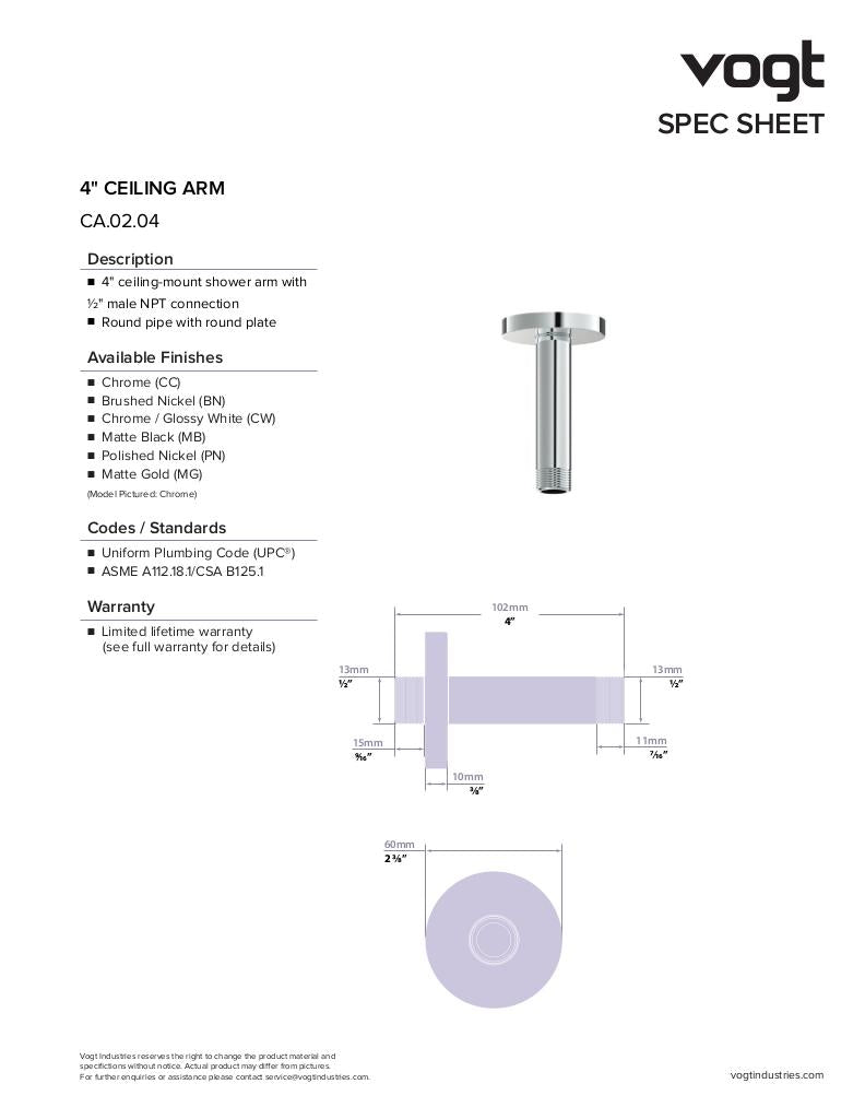 Vogt 4" Round Ceiling Mount Shower Arm CA.02.04 - image 2