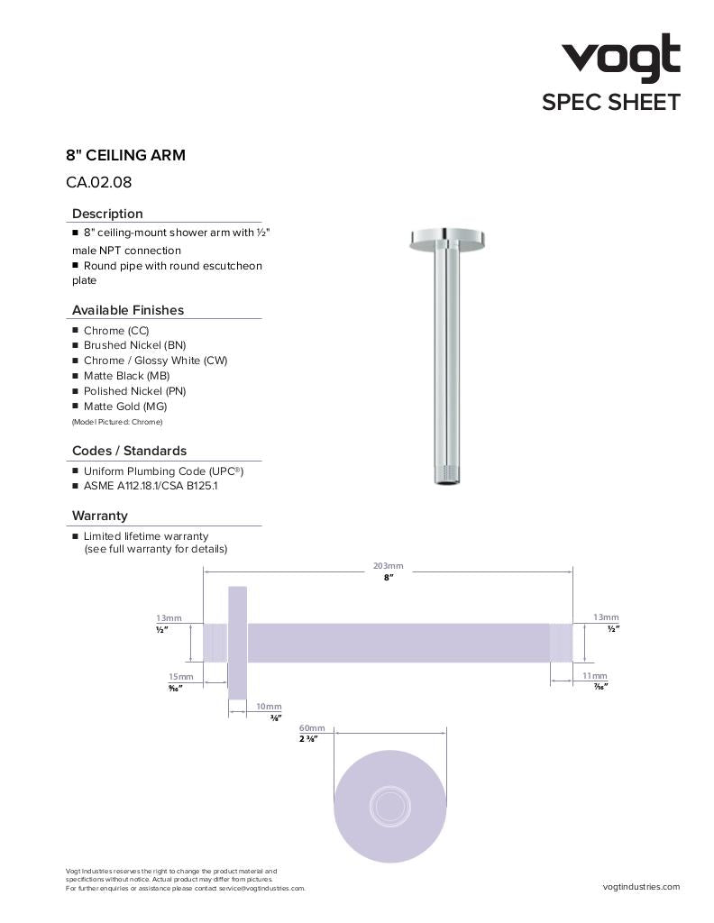 Vogt 8" Round Ceiling Mount Shower Arm CA.02.08 - image 2