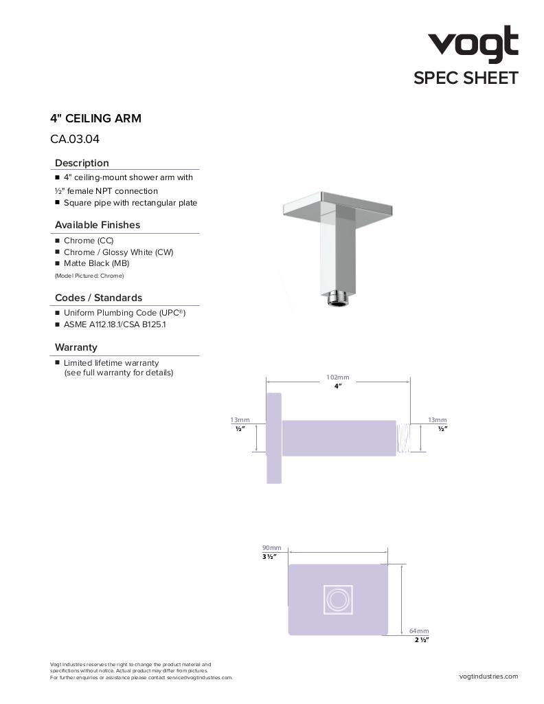 Vogt 4" Ceiling Mount Shower Arm, Square Tube CA.03.04 - image 2