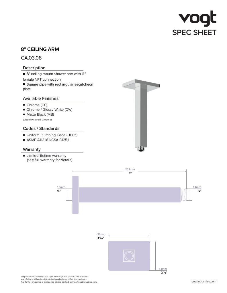 Vogt 8" Ceiling Mount Shower Arm, Square Tube CA.03.08 - image 2