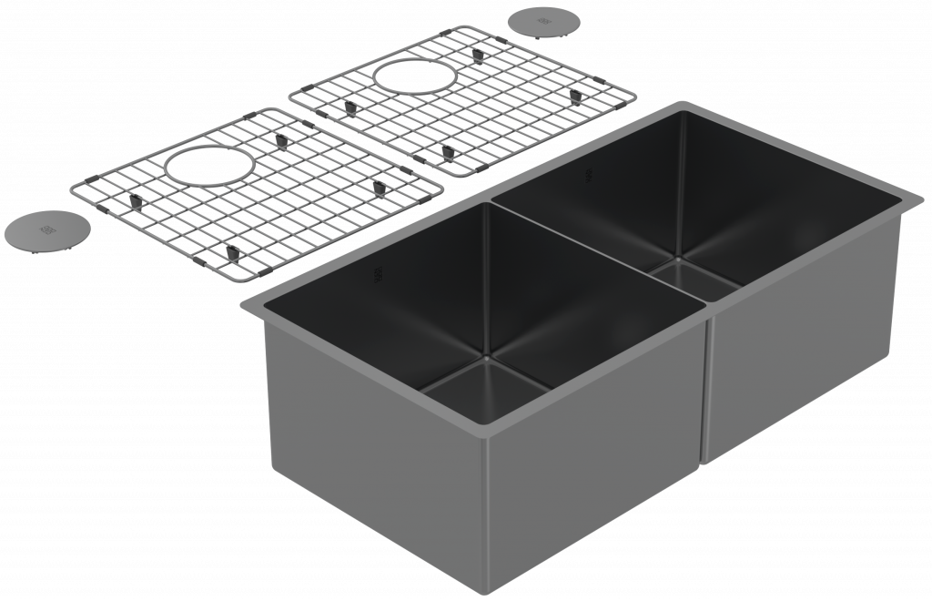 Cayman - Black Pearl 34" 50/50 Double Sink - Undermount, 16 Gauge, R10 (Inc. Grids & Drain Covers)