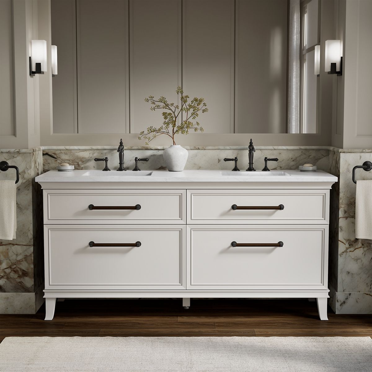 Artifacts™ 72" bathroom vanity cabinet with sinks and quartz top