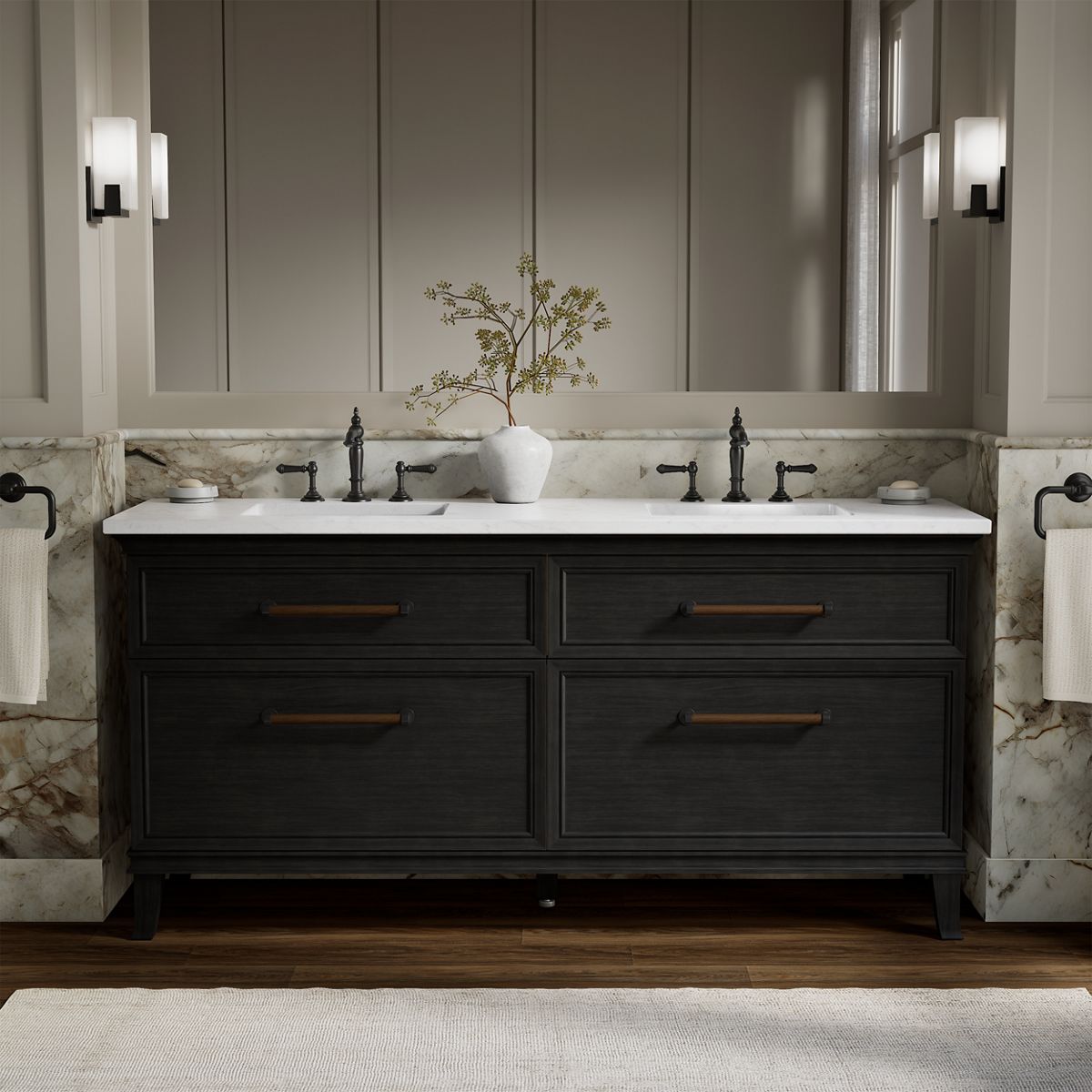 Artifacts™ 72" bathroom vanity cabinet with sinks and quartz top