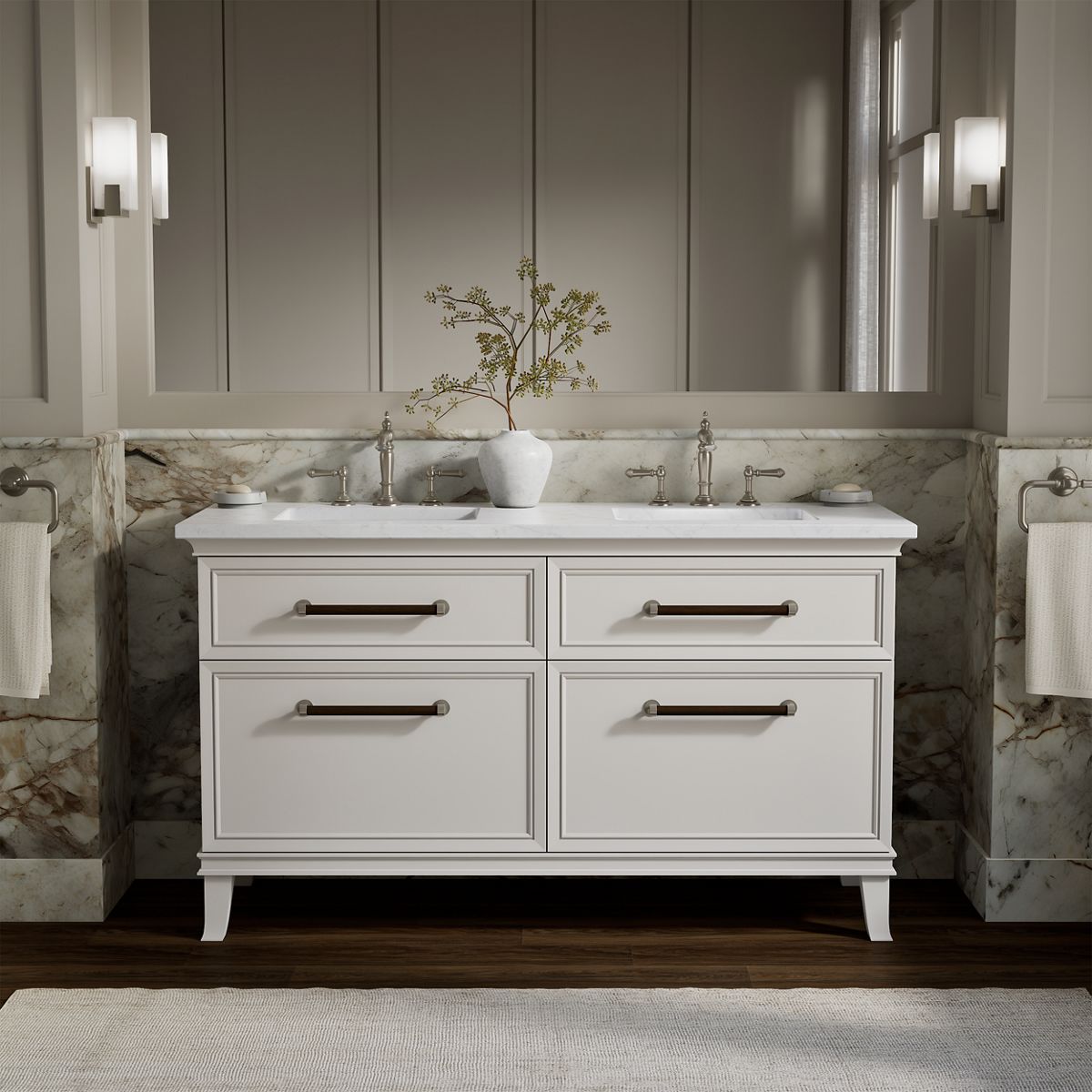 Artifacts™ 60" bathroom vanity cabinet with sinks and quartz top