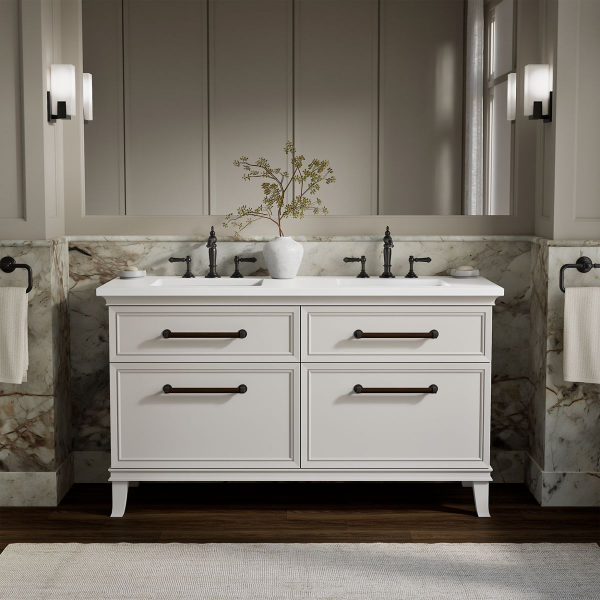Artifacts™ 60" bathroom vanity cabinet with sinks and quartz top