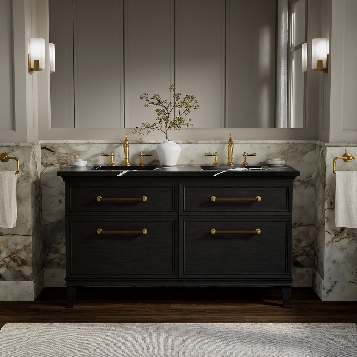 Artifacts™ 60" bathroom vanity cabinet with sinks and quartz top