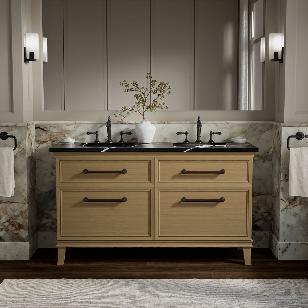 Artifacts™ 60" bathroom vanity cabinet with sinks and quartz top