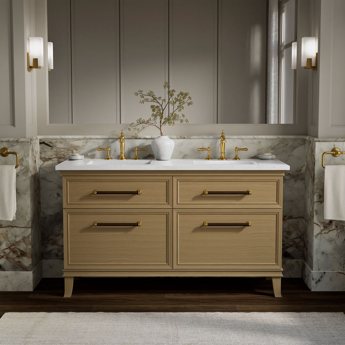 Artifacts™ 60" bathroom vanity cabinet with sinks and quartz top