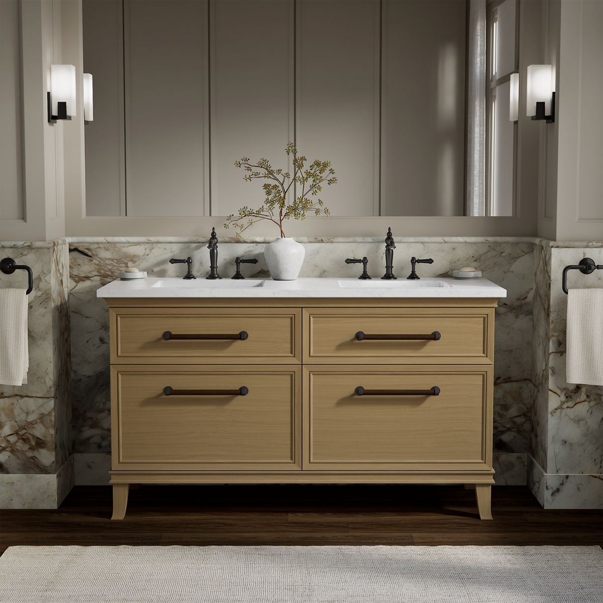 Artifacts™ 60" bathroom vanity cabinet with sinks and quartz top