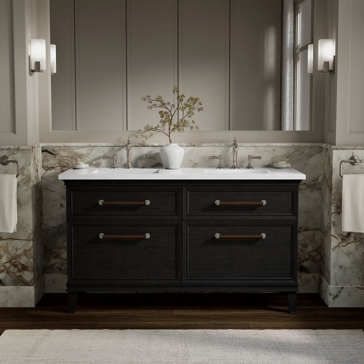 Artifacts™ 60" bathroom vanity cabinet with sinks and quartz top