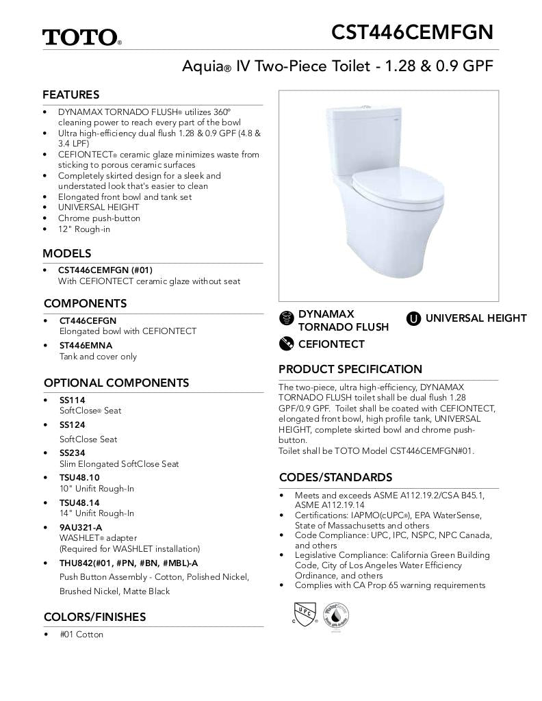 TOTO Aquia IV Two-Piece Elongated Toilet Universal Height - image 15