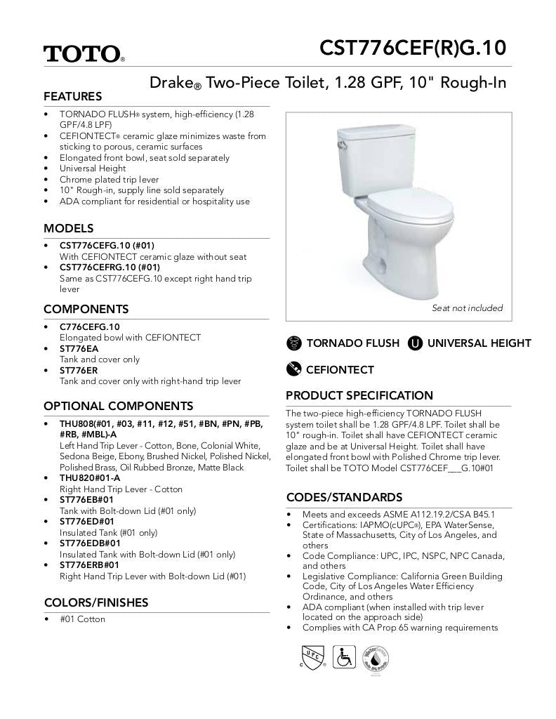 Drake Two-piece Toilet, 1.28 GPF, Elongated Bowl - Universal Height - 10inch Rough-In