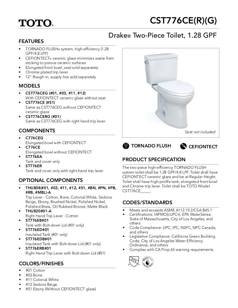 Drake Two-piece Toilet, 1.28 GPF, Elongated Bowl