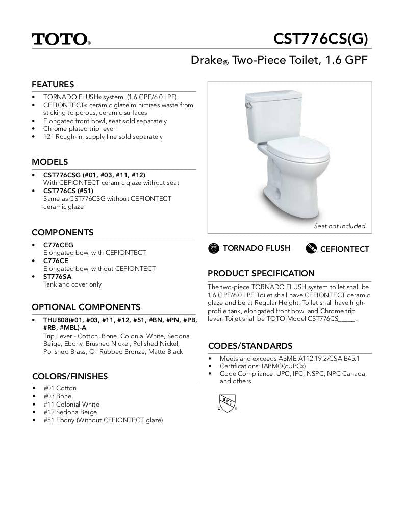 Drake Two-piece Toilet, 1.6 GPF, Elongated Bowl