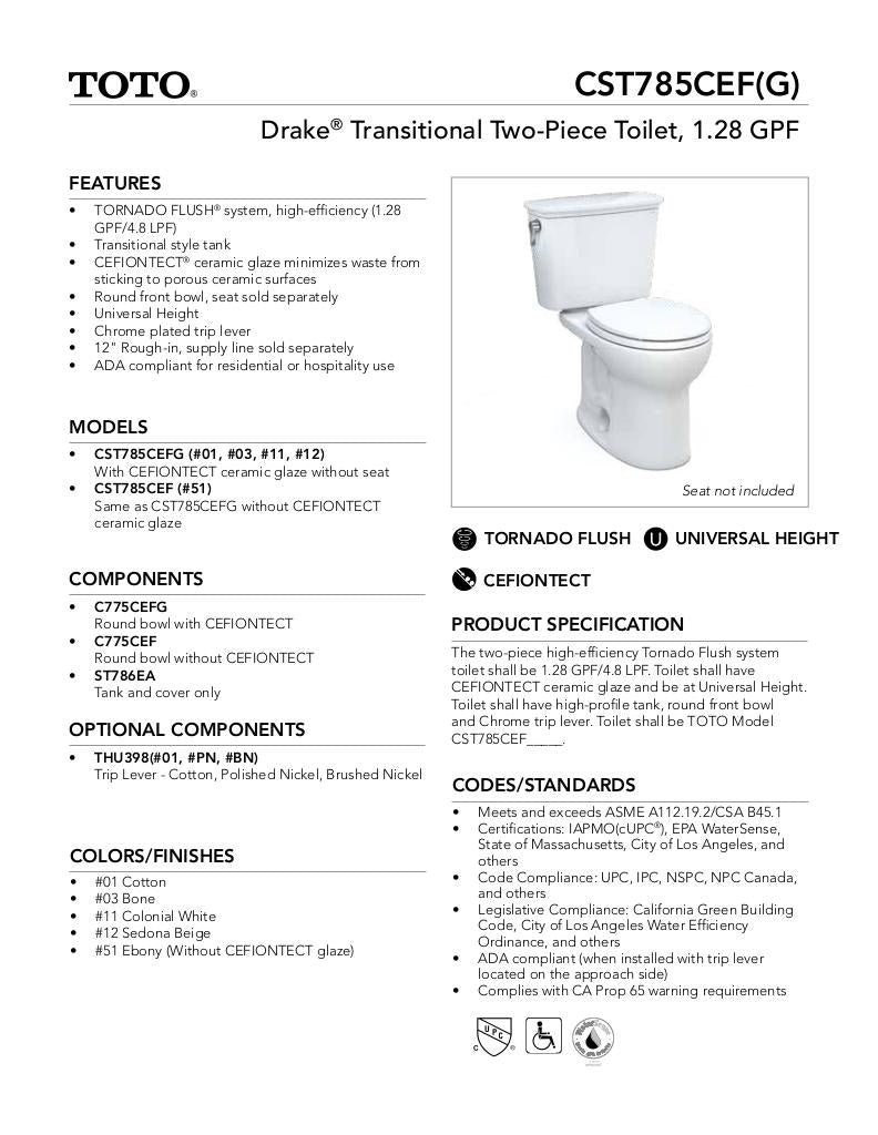 Drake Transitional Two-piece Toilet, 1.28 GPF, Round Bowl - Universal Height