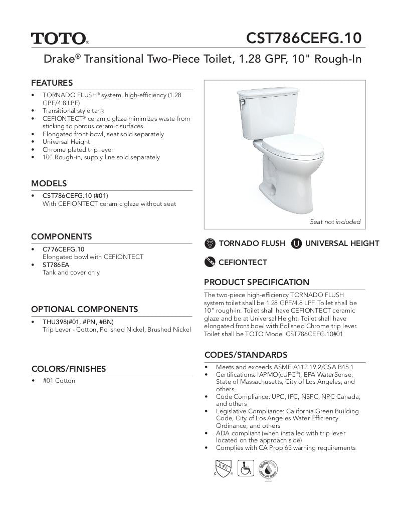 Drake Transitional Two-piece Toilet, 1.28 GPF, Elongated Bowl - Universal Height - 10inch Rough-In