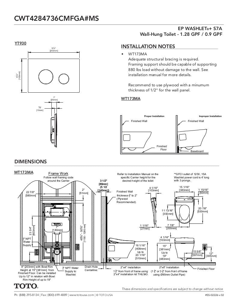 EPWASHLET + S7A Wall-Hung Toilet - 1.28 GPF & 0.9 GPF - Auto Flush