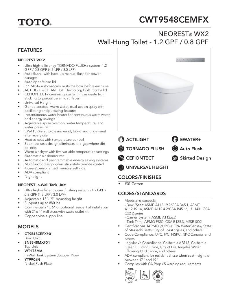 NEOREST WX2 Wall-Hung Toilet - 1.2 GPF & 0.8 GPF