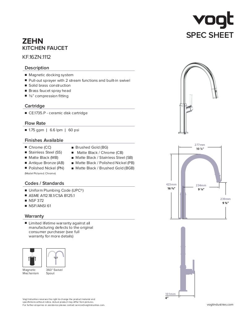 Vogt Zehn Pull-Out Spray Kitchen Faucet KF.16ZN.1112 - image 2