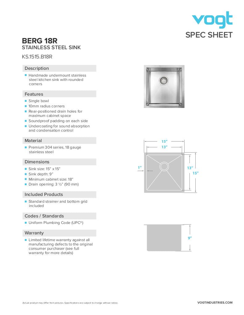 Vogt Berg 18R Undermount Single Bowl Kitchen Sink - image 4
