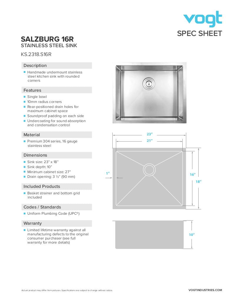 Vogt Salzburg 16R 23" Undermount Single Bowl Kitchen Sink - image 3