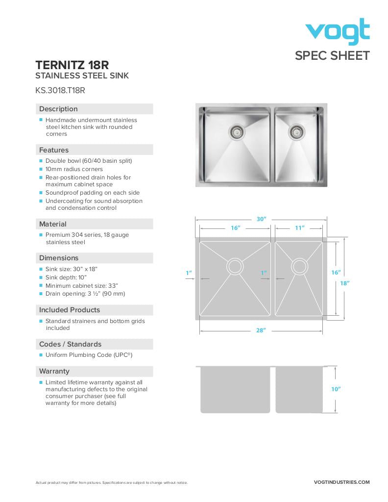 Vogt Ternitz 18R 30" Undermount Kitchen Sink & Bottom Grids - image 4