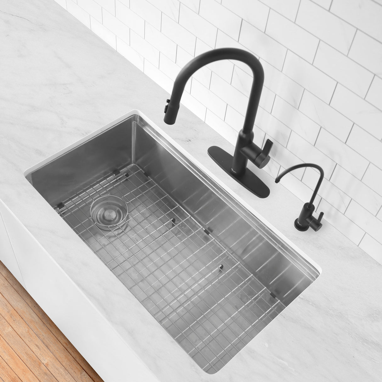 Napoli Single Handle Matte Black Pull Down Kitchen Faucet with Single Handle Matte Black Cold Water Tap Faucet and Faucet Plate