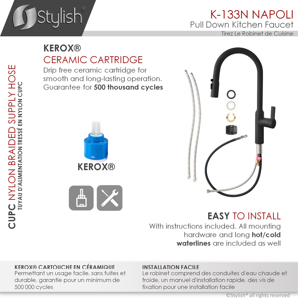 Napoli Single Handle Matte Black Pull Down Kitchen Faucet with Single Handle Matte Black Cold Water Tap Faucet and Faucet Plate