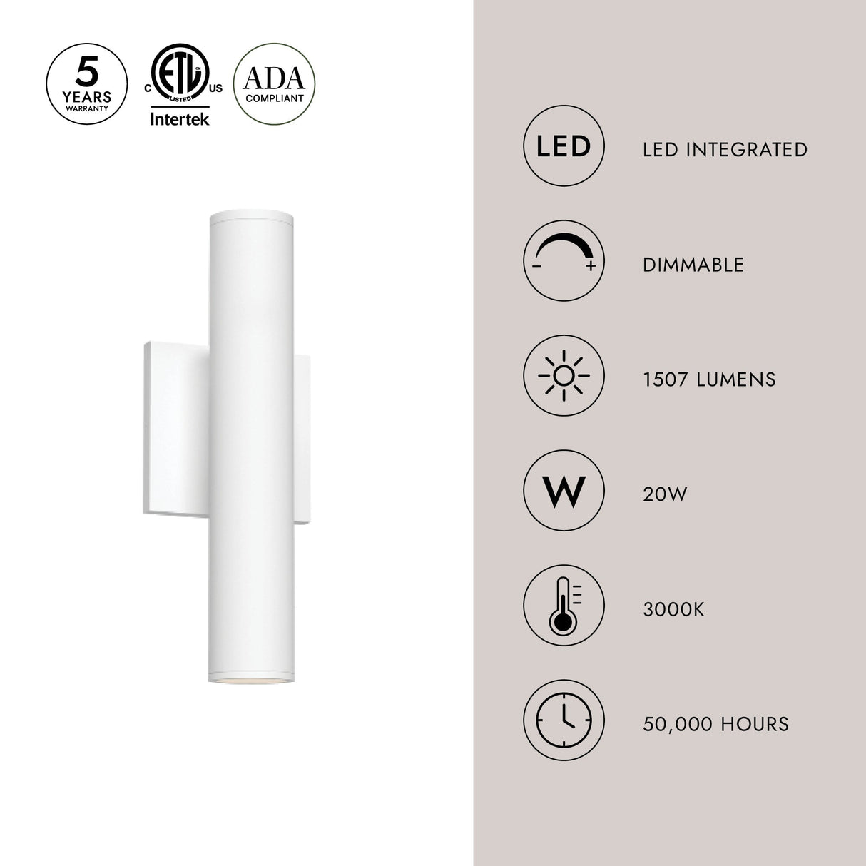Kuzco Architectural Lorna 12-in (2-in Dia.) Wall Sconce Up/Down Light
