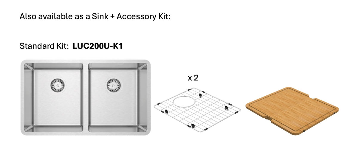 Lucia U Standard Kit 30" 50/50 Double Strd Kit - Undermount, 18 Gauge, R15 (Inc. Cut Board+Grid)
