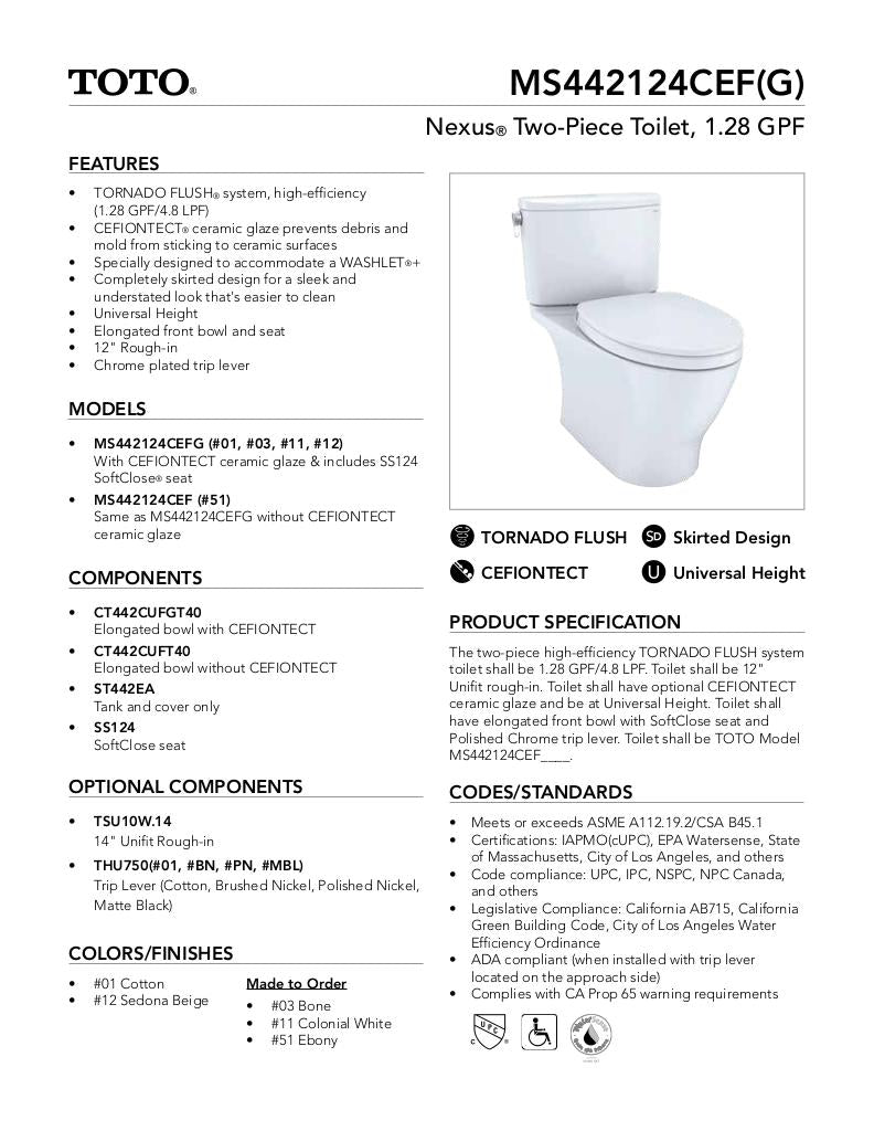 Nexus Two-Piece Toilet, 1.28 GPF, Elongated Bowl -WASHLET + Connection
