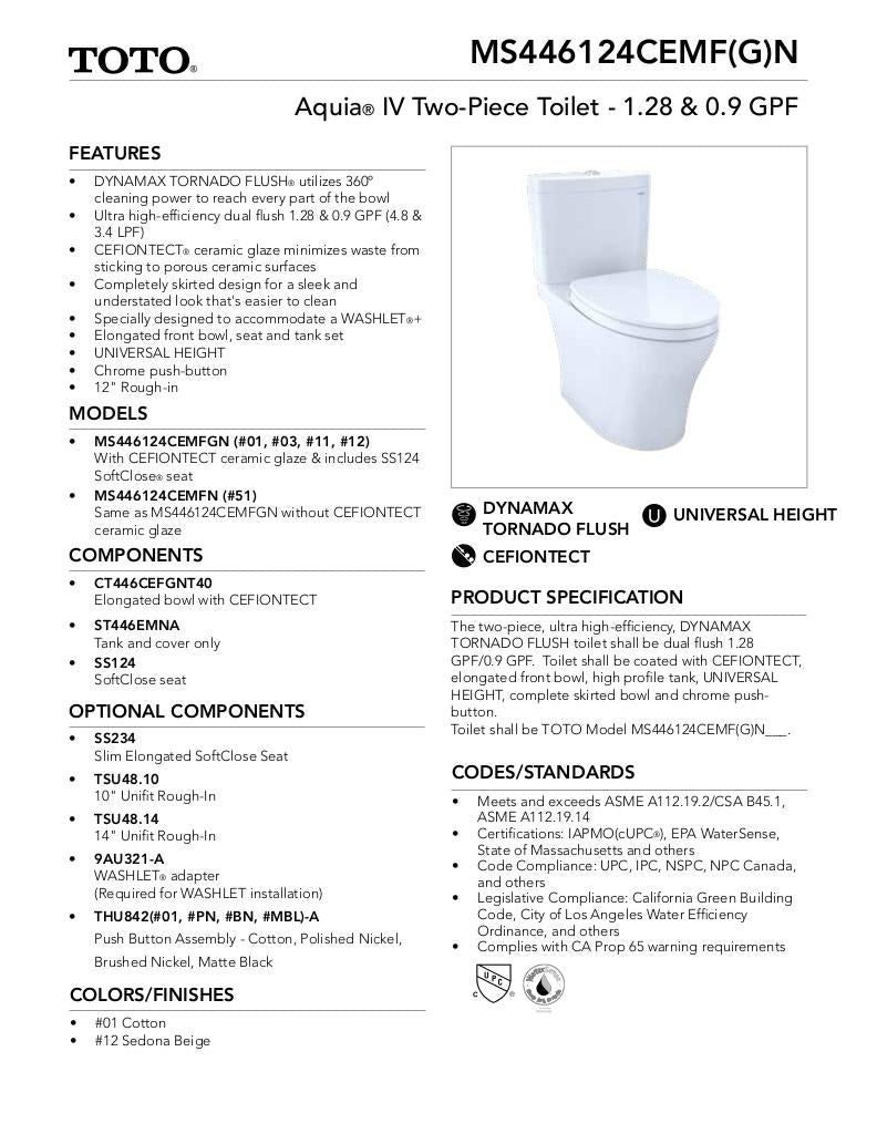 AquiaIV Toilet - 1.28 GPF & 0.9 GPF, Universal Height - WASHLET+ Connection - New