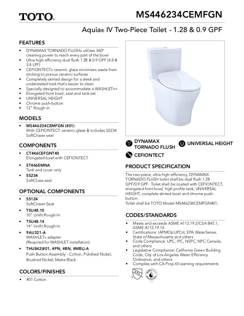 AquiaIV Toilet - 1.28 GPF & 0.9 GPF, Universal Height - WASHLET+ Connection - Slim Seat - New