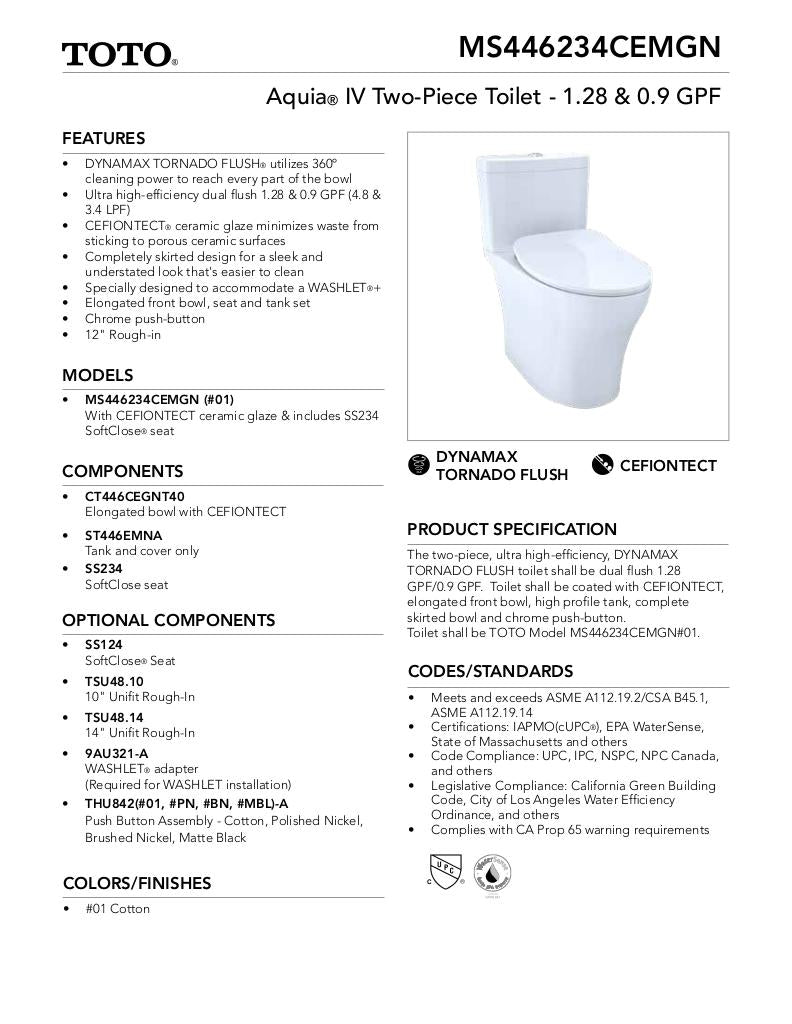 AquiaIV Toilet - 1.28 GPF & 0.9 GPF, Elongated Bowl - WASHLET+ Connection - Slim Seat - New