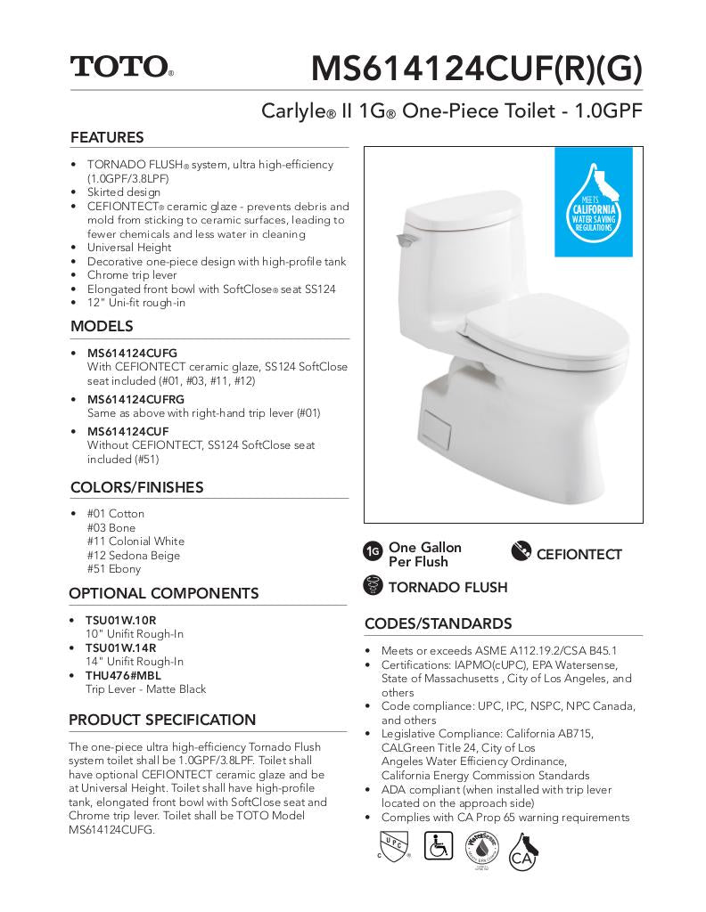 Carlyle II 1G One-Piece Toilet, 1.0 GPF,WASHLET + Connection