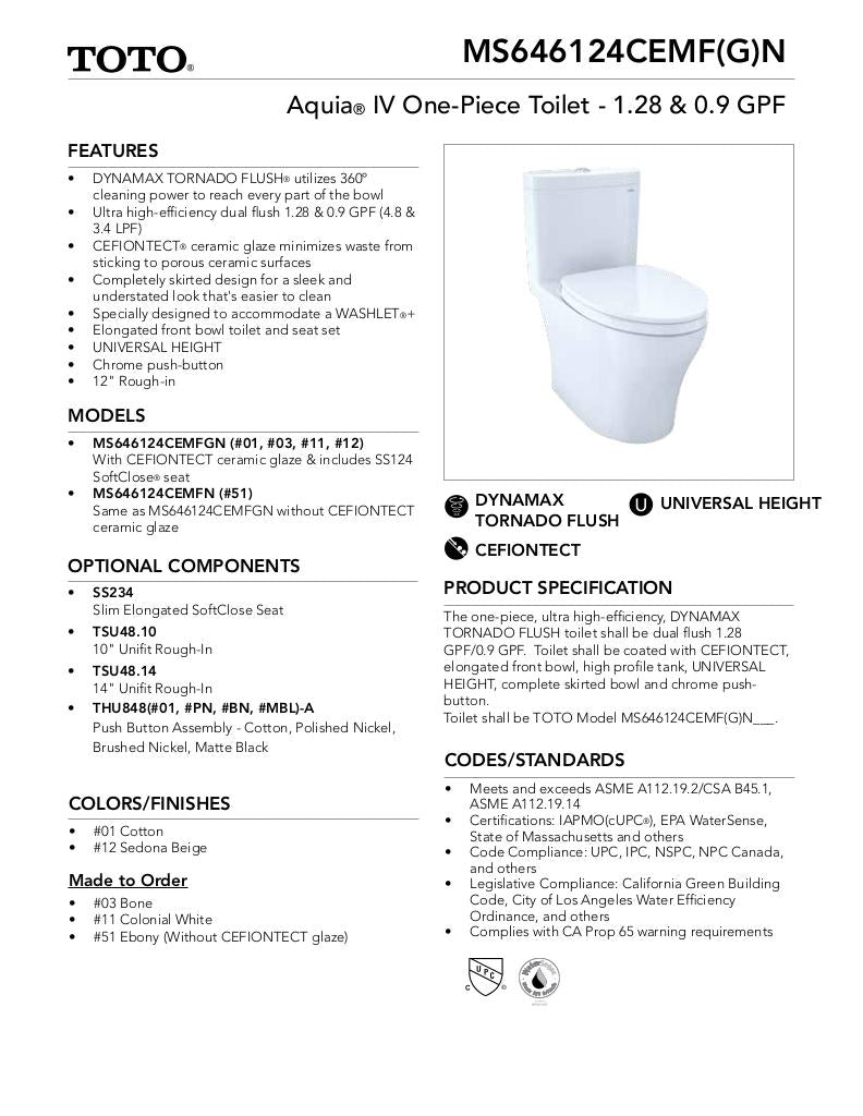 AquiaIV One-Piece Toilet - 1.28 GPF & 0.9 GPF, Elongated Bowl - WASHLET+ Connection - New