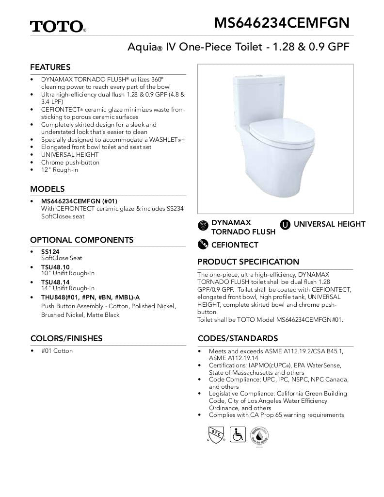 AquiaIV One-Piece Toilet - 1.28 GPF & 0.9 GPF, Elongated Bowl - WASHLET+ Connection Slim Seat - New