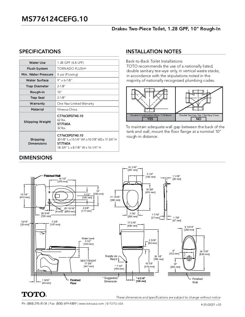 Drake Two-piece Toilet, 1.28 GPF, Elongated Bowl - Universal Height - 10inch Rough-In