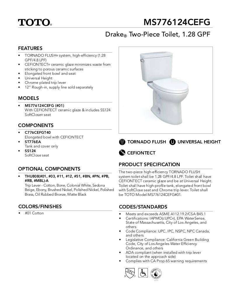 Drake Two-piece Toilet, 1.28 GPF, Elongated Bowl - Universal Height
