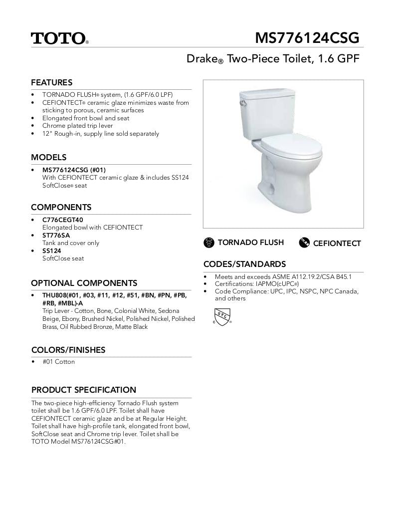 Drake Two-piece Toilet, 1.6 GPF, Elongated Bowl
