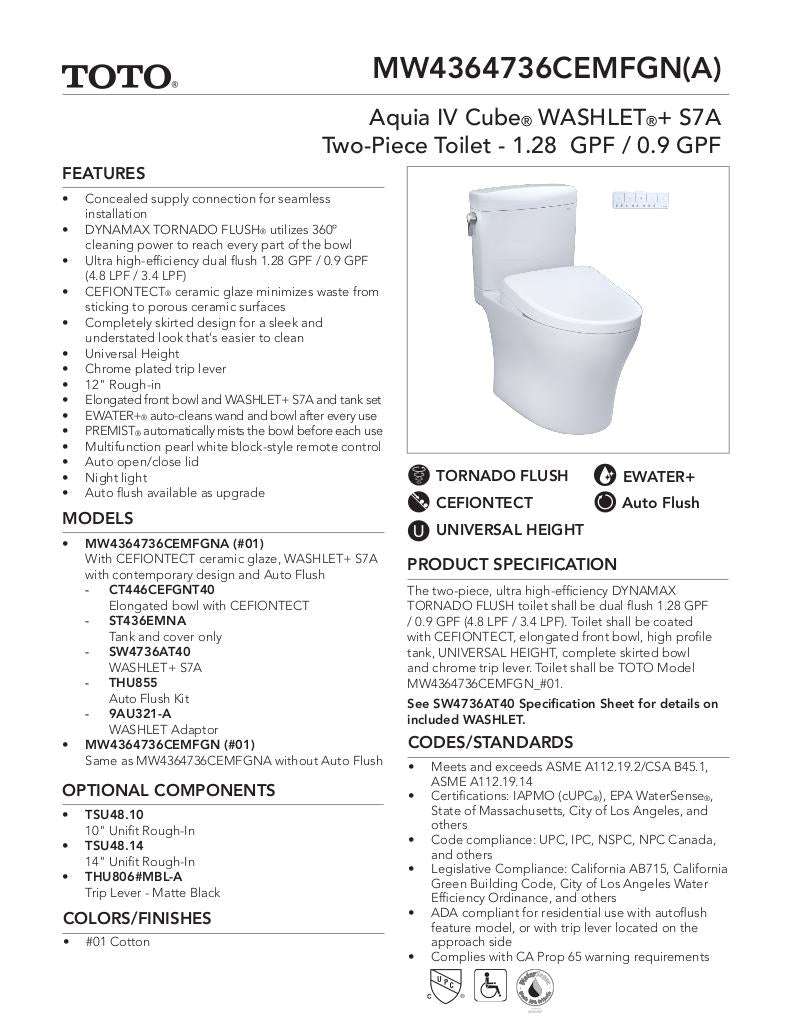 AquiaIV Cube -WASHLET+ S7 Two-Piece Toilet - 1.28 GPF & 0.9 GPF