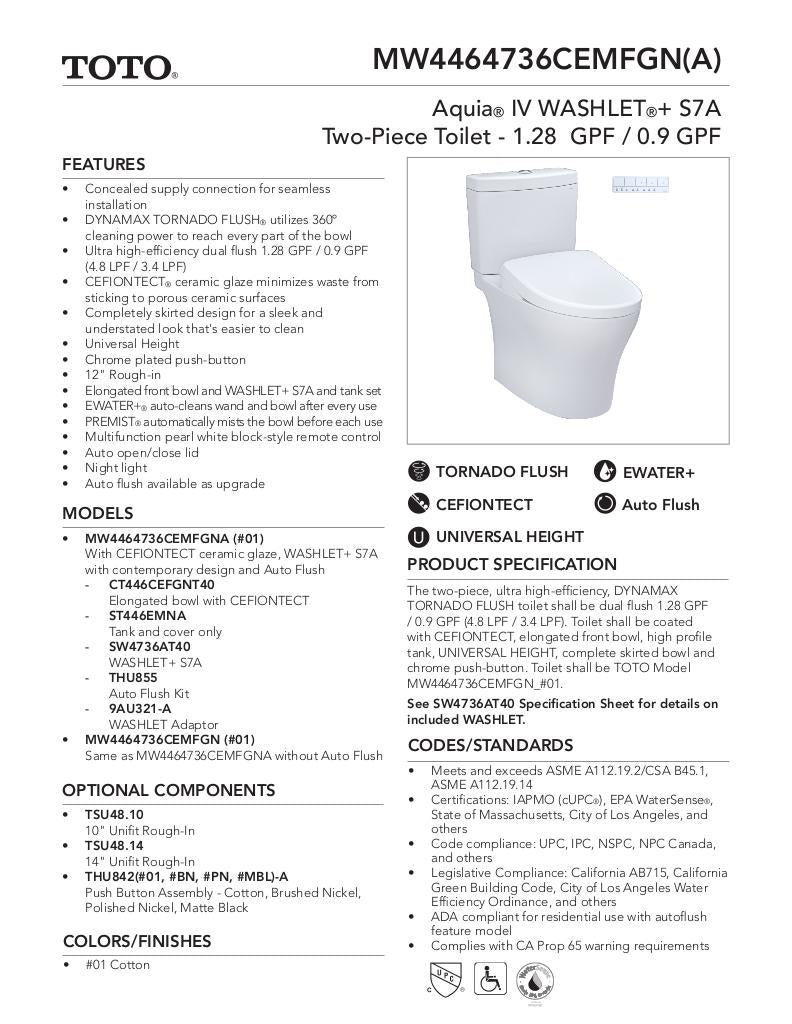 AquiaIV -WASHLET+ C5 Two-Piece Toilet - 1.28 GPF & 0.9 GPF - Universal Height - New