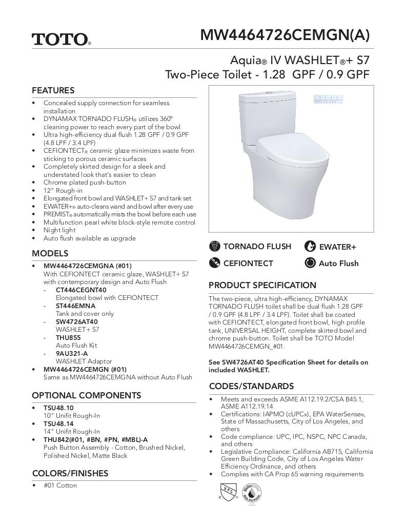 AquiaIV -WASHLET+ S7 Two-Piece Toilet - 1.28 GPF & 0.9 GPF
