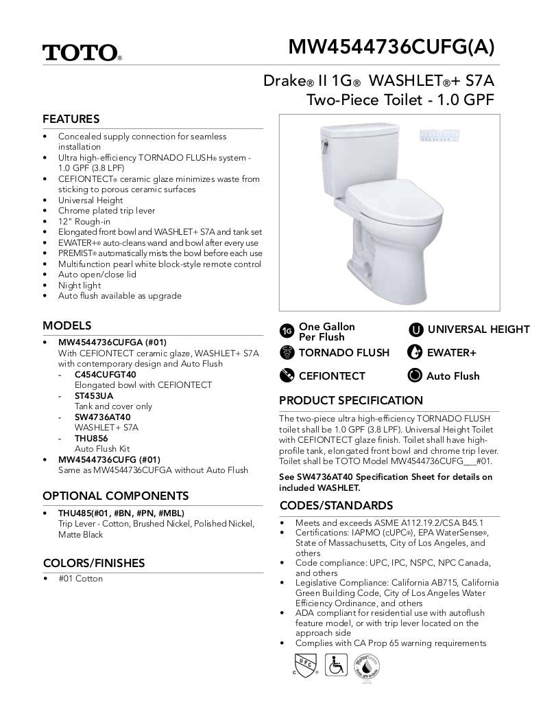 Drake IIWASHLET + S7A Two-Piece Toilet - 1.0 GPF