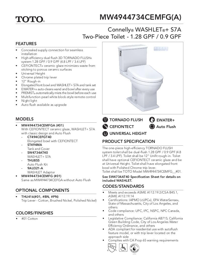 Connelly -WASHLET + S7A Two-Piece Toilet - 1.28 GPF & 0.9 GPF