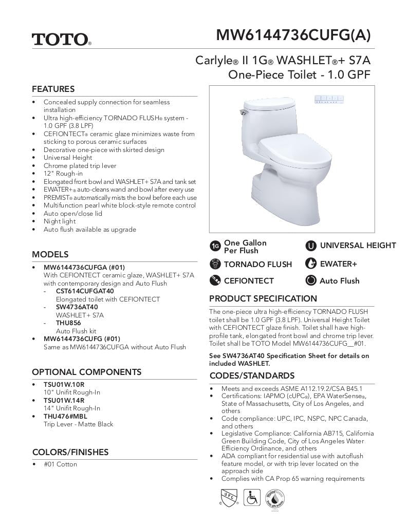 Carlyle IIWASHLET + S7 One-Piece Toilet - 1.0 GPF