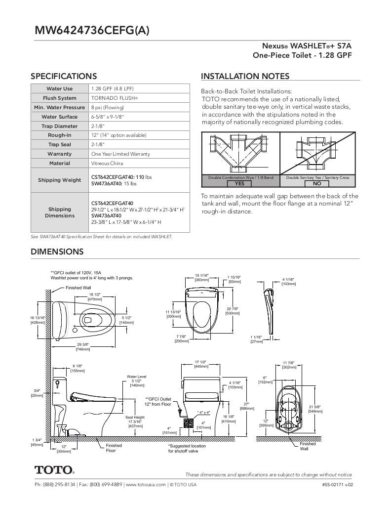 Nexus WASHLET + S7A One-Piece Toilet - 1.28 GPF