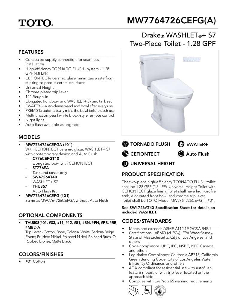 Drake WASHLET + S7 Two-Piece Toilet - 1.28 GPF - Universal Height