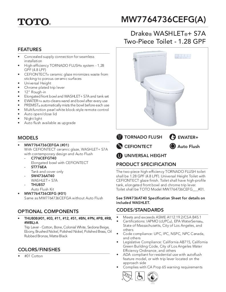 Drake WASHLET + S7A Two-Piece Toilet - 1.28 GPF - Universal Height