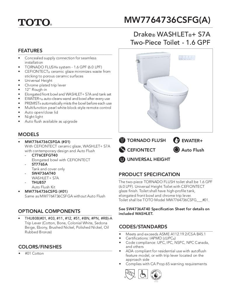 Drake WASHLET + S7A Two-Piece Toilet - 1.6 GPF - Universal Height